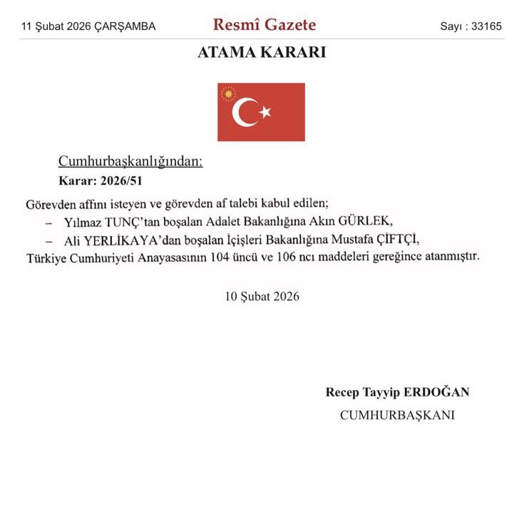 Cumhurbaşkanımız Sn. Recep Tayyip Erdoğan’ın tensipleriyle Adalet ve İçişleri Bakanlıklarımıza yapılan atamaların hayırlı olmasını diliyorum.

Görev süreleri boyunca ülkemize en iyi şekilde hizmet eden Bakanlarımız Sayın Yılmaz Tunç ve Sayın Ali Yerlikaya’ya teşekkür ediyorum.