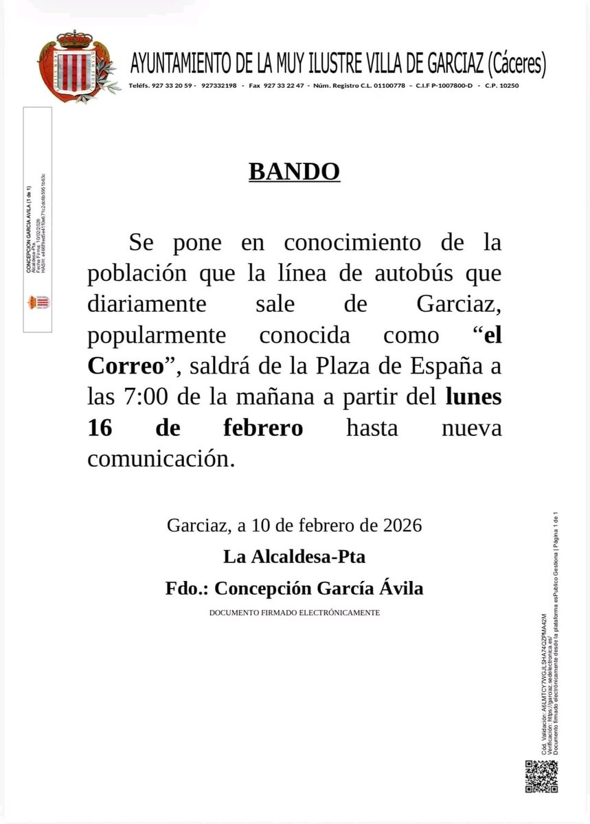 Desde el 16/02, el autobús "el Correo" saldrá desde la Plaza de España <a href="/SIEMPREGARCIAZ/">GARCIAZ</a>