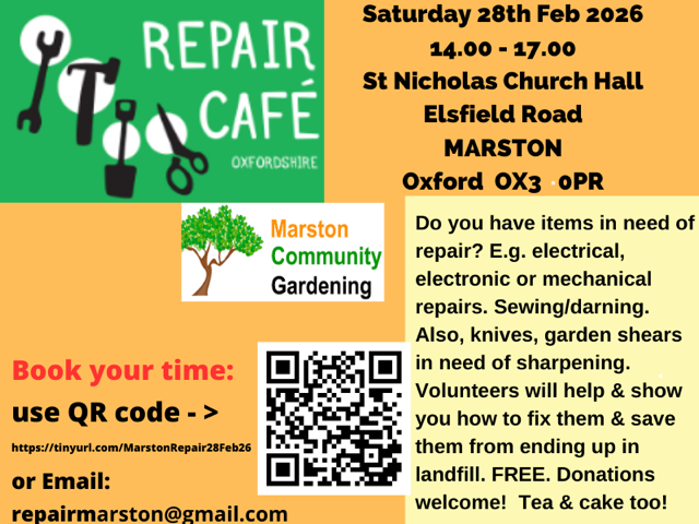 oldmarstonpc's tweet photo. The next Repair Café is Saturday 28th February 2026 from 14:00 to 17:00 at the church hall, Elsfield Road. To book slot please can the QR code on the poster or email repairmarston@gmail.com https://t.co/ShdEnzIZvD