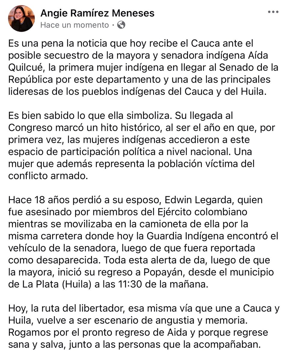 AngieRamirezMe's tweet photo. El Cauca se encuentra en alerta por el posible secuestro de la mayora y senadora indígena @aida_quilcue https://t.co/SWE1mjvKzo