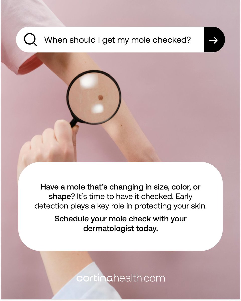 getcortina's tweet photo. Not sure when a mole should be checked?
Changes in size, color, or shape are worth a closer look. Regular skin checks help catch concerns early and help protect your skin.
If something looks different, don’t wait — book an appointment with a Cortina Health dermatologist today. https://t.co/4DwY3PLCsW
