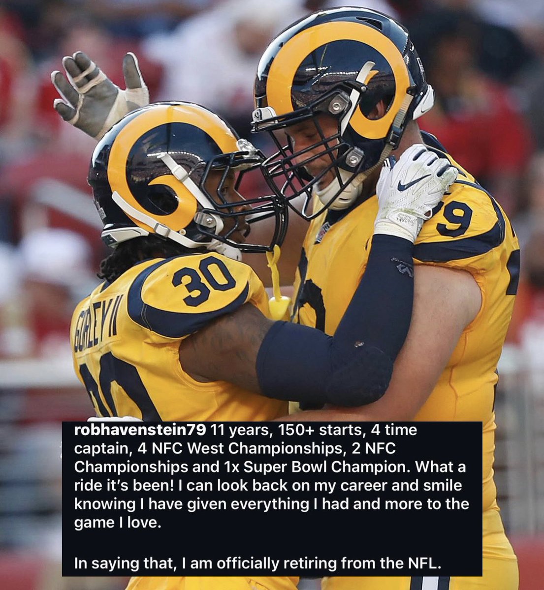 Rob Havenstein has officially retired.. 🥲 the last St. Louis Ram.. 💙(via his instagram)