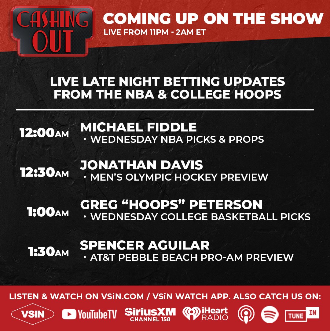 Get your Wednesday wagers ready and more with @DustinSwedelson on tonight’s Cashing Out!

🏀with <a href="/FiddlesPicks/">Michael Fiddle</a> &amp; <a href="/GUnit_81/">Greg Peterson</a>
🏒with <a href="/westcoasthky/">jonathan davis</a>
⛳with <a href="/TeeOffSports/">Spencer Aguiar</a> 

📺Watch Live at: vsin.com/shows/vsin-liv…
