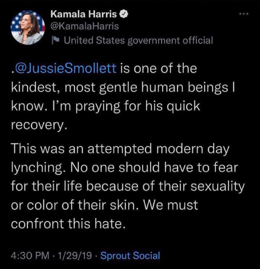 Never forget that Kamala Harris actually believed Jussie Smollett walked to Subway to get a sandwich at 2:00am during a polar vortex in Chicago and got attacked with bleach and a noose by a roving gang of MAGA people that somehow knew who he was.

This post is still up, today. 🤦‍♂️