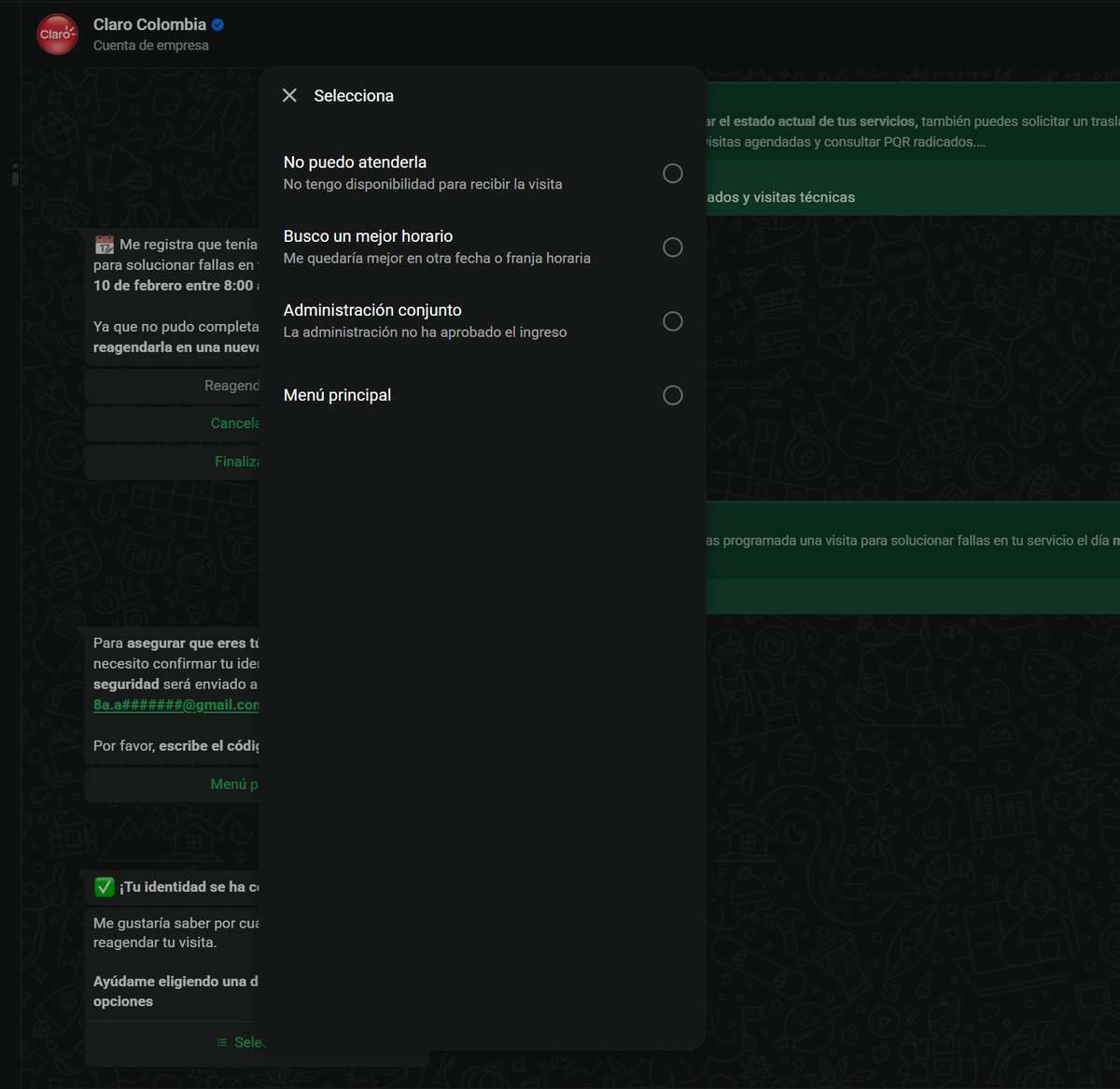 AnaMar8a's tweet photo. @ClaroColombia Para gestionar el reagendamiento de la visita, el flujo de @ClaroColombia  me obliga a escoger un motivo que me culpa a mí (no puedo / mejor horario / administración). No existe “error de Claro”. Eso es traslado de responsabilidad: o te autoinculpas o no puedes avanzar. https://t.co/vbpSCImrwu