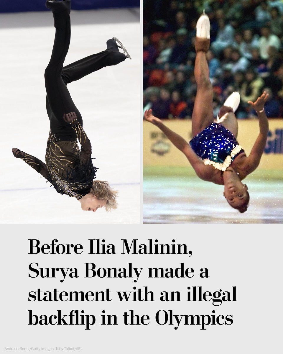 washingtonpost's tweet image. The last time a skater backflipped during an Olympic competition was in 1998, when French skater and five-time European champion Surya Bonaly illegally performed the move during the women’s final.

“I was a pioneer,” Bonaly said. wapo.st/4a8rpdw