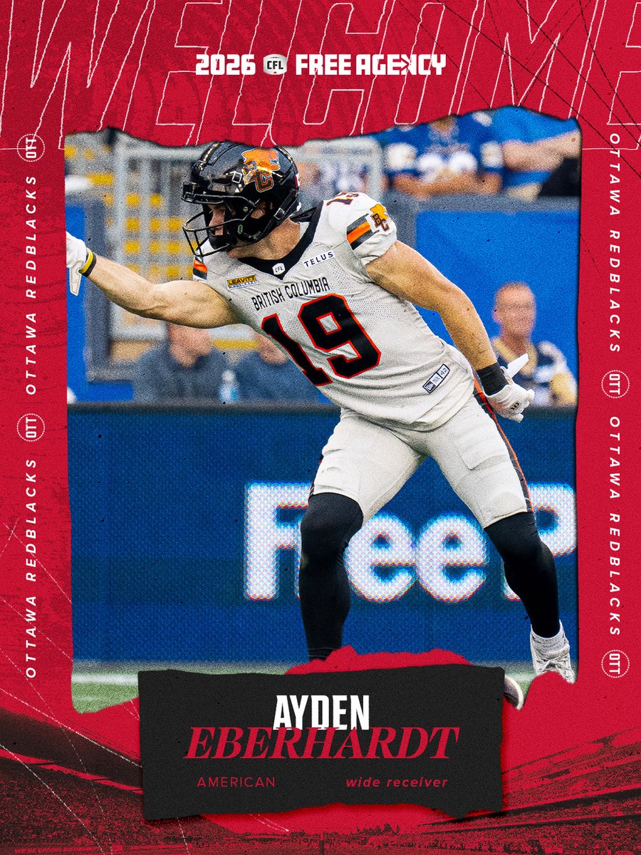REDBLACKS's tweet photo. BC TO OTT‼️ 

we've signed 🇺🇸 WR Ayden Eberhardt for the 2026+2027 seasons.

🗞️ | https://t.co/gztal9M2xO https://t.co/OHfej8qJ1W
