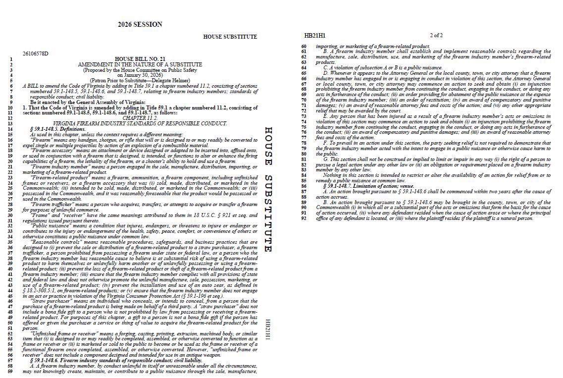 HB21 as amended - and that has passed the House of Delegates will put most retail firearm businesses out of business. 

FFL dealers follow "Reasonable Controls" set forth by the ATF.  Democrats are now placing "public nuisance"  provisions in the bill.  

If someone came into my