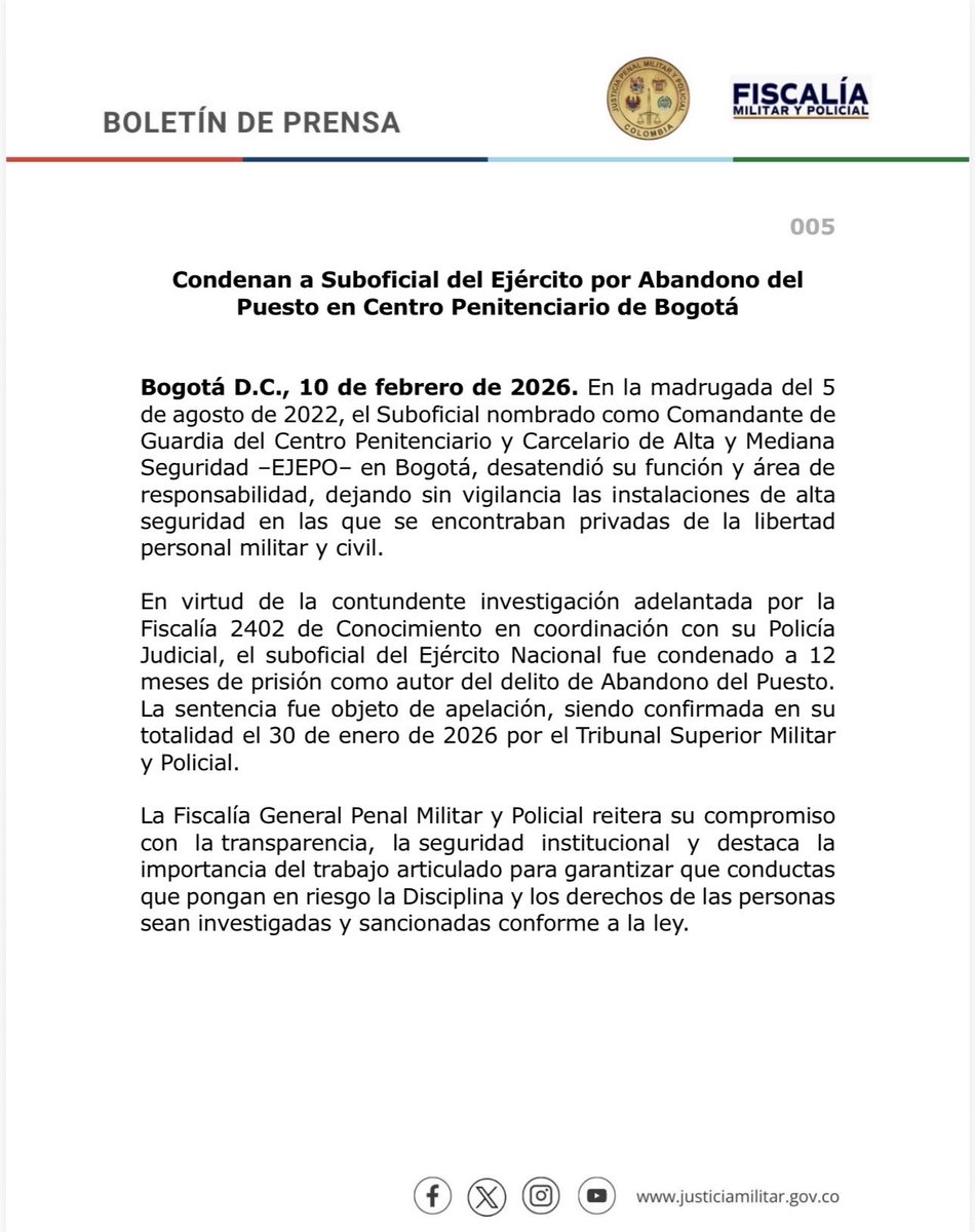 Condenan a Suboficial del Ejército por Abandono del Puesto en Centro Penitenciario de Bogotá #Lajusticiaqueseve