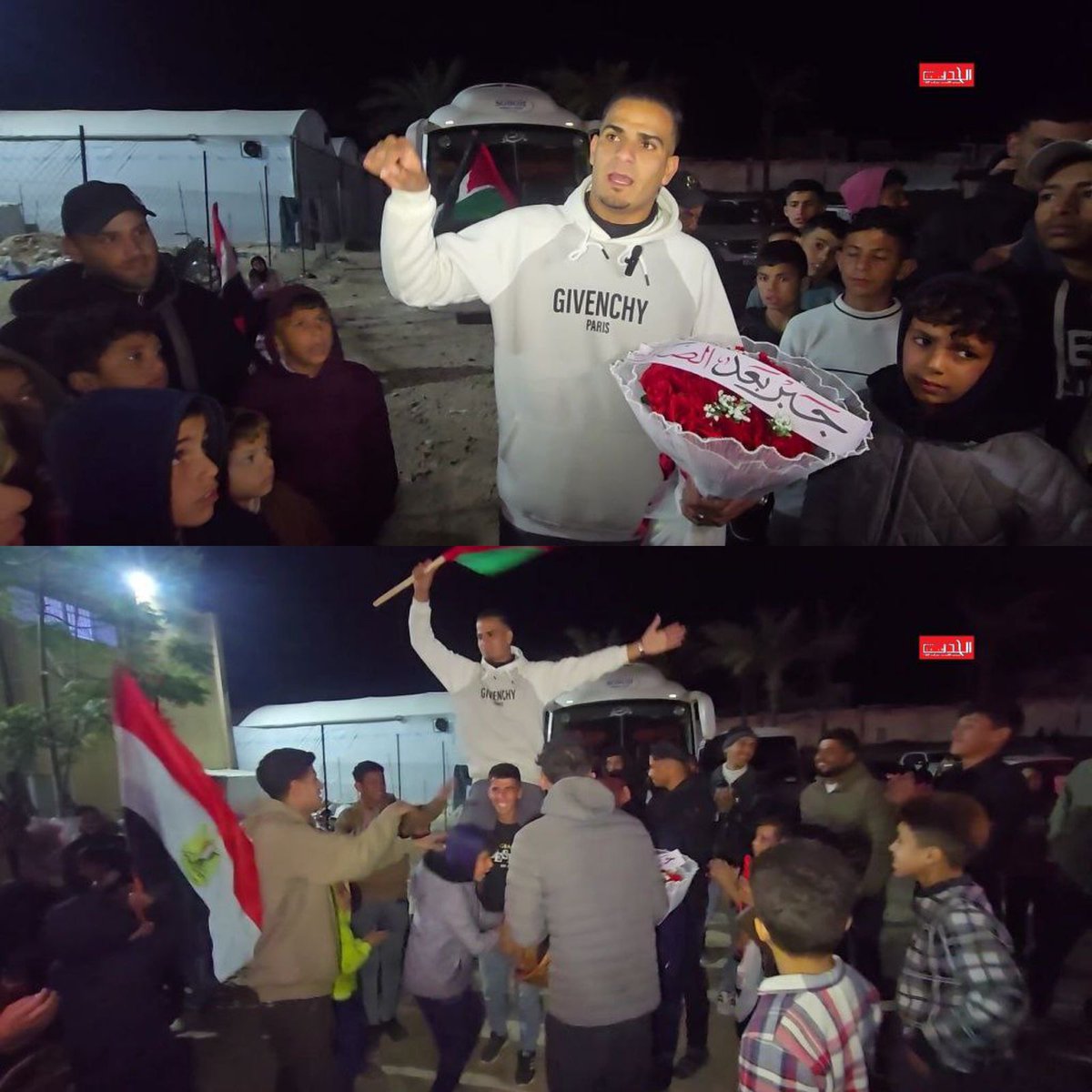 QudsNen's tweet image. Palestinian groom Sobhi Zannoun welcomes his fiancée with overwhelming joy as she returned tonight through the Rafah crossing, after the war forcibly separated them for months.