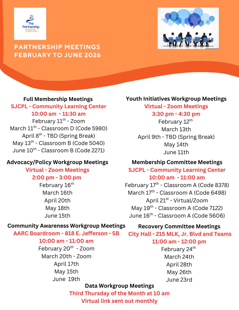 partnership_st's tweet photo. Sharing our flyer with all of our meetings for February through June.  We always welcome new members so if you are interested in joining us or knowing more about the Partnership, please let us know!  Thanks. https://t.co/ELaKs2vyBD