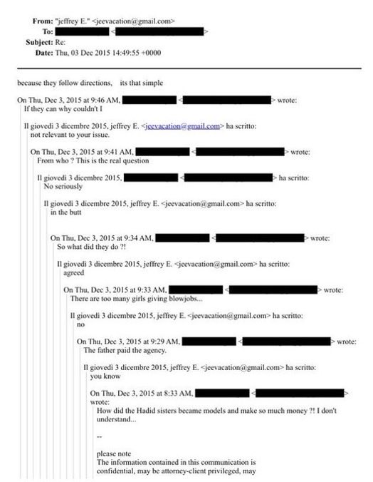 BREAKING: EPSTEIN DISCUSSES THE HADID SISTERS MODELING CAREER IN NEWLY RELEASED FILES: 

“How did the Hadid sisters become models and make so much money?! I don’t understand…” 

“The father paid the agency”