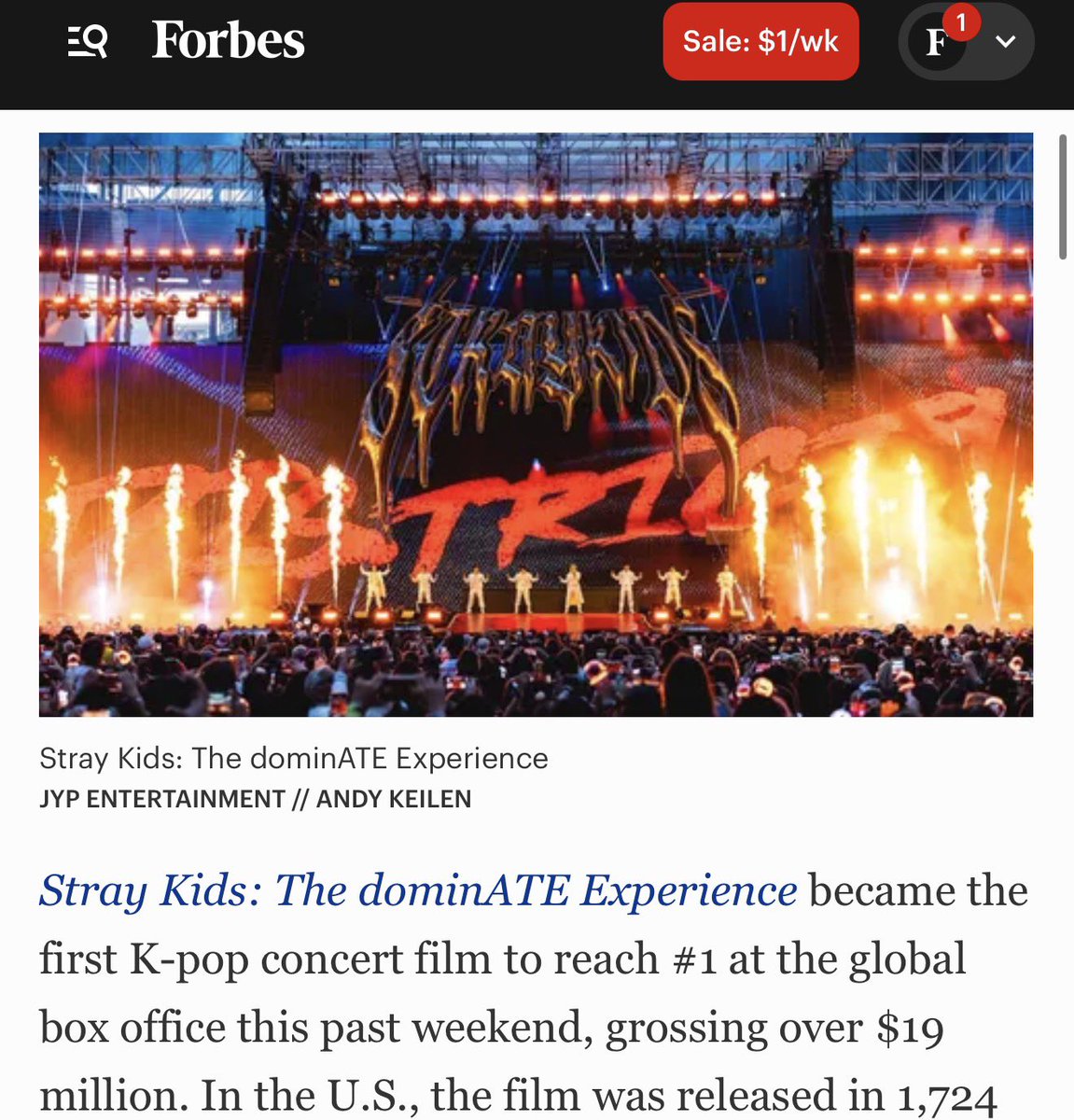 Forbes has reported the Stray Kids movie was the FIRST KPOP CONCERT FILM TO HIT #1 AT THE GLOBAL BOX OFFICE!! 🤯