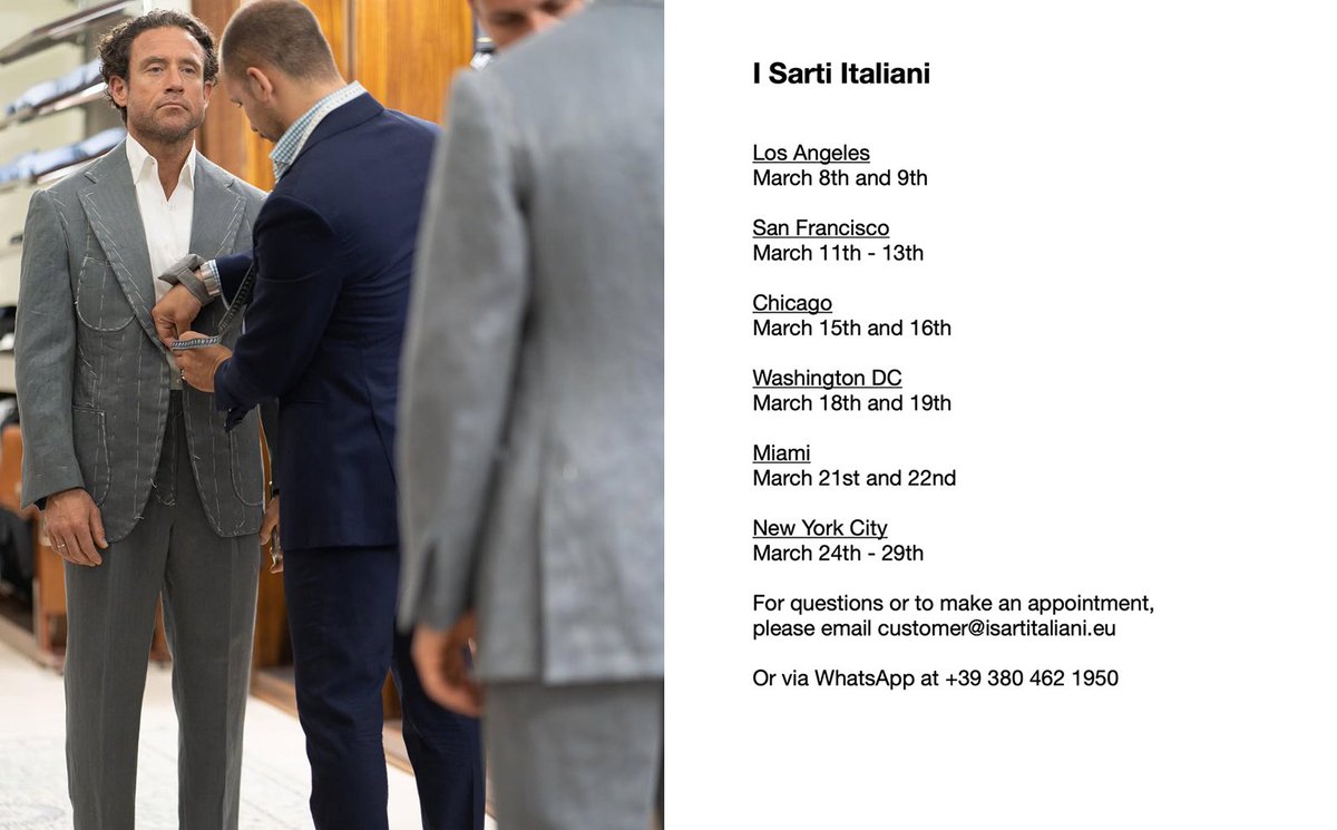 dieworkwear's tweet photo. If you're interested in bespoke tailoring and based in the United States (or some parts of Europe), I have some trunk show announcements to share with you. 

People who are new to bespoke tailoring often think they can ask a tailor to make whatever they want — a Tom Ford-style suit, a Kiton-style suit, or something they saw on a movie star. In reality, 90% of your commission has been determined by the time you walk through the door. Choosing a tailor is similar to choosing a restaurant. Just as you wouldn't ask a French chef to make Chinese food, you shouldn't ask an Italian tailor to make an English-style coat. It's always best to choose a tailor based on their house style and stick close to it. 

WW Chan in Hong Kong is one of the few exceptions. Tailoring shops from this region are known for churning out a variety of styles — padded shoulder, soft shoulder, English cut, Italian cut, etc. — but few do so as convincingly as WW Chan. Their house style has moderate proportions and a measured structure, allowing you to wear these garments for decades. But if you ask, they can also do things such as their version of a London blade cut, Neapolitan shoulder, or even a Florentine dart. 

When people are very new to tailoring and working on a budget, I often send them to WW Chan because their prices are more competitive than those of their British or American counterparts (meaning real bespoke tailors, not made-to-measure shops that send their work out to overseas factories). Additionally, Patrick Chu has been in this business since the 1980s. He's a skilled fitter who has worked with every body type, so you can trust you're in competent hands. 

Speaking of sticking to a house style, when my friend @urban_comp and his wife visited Sicily over a decade ago, they stumbled into a shop called I Sarti Italiani. At the time, I Sarti Italiani mostly produced made-to-measure suits for local clients, often those in need of something nice to wear to a wedding. Their house style was generally slim, as was the fashion at the time, but Peter worked with them to create something a bit more classic. That meant a slightly fuller chest, extended shoulder line, higher rise, and fuller trousers. This is not the sort of undertaking I'd recommend for most customers, but through successive commissions, Peter was able to get them to develop completely completely new. 

This sort of cut flatters a wide range of body types because it leans into what tailoring does best. By broadening the chest and extending the shoulder line, you can make the waist look smaller by comparison. When you lengthen the jacket, you can also lower the coat's buttoning point, lengthening the lapel and giving the jacket a nice V-shaped taper. Most importantly, by raising the trouser rise and making them a touch looser, you create a coherent silhouette between the jacket and pants. The slightly higher rise extends your leg line and allows the trousers to cover up the bit of shirt fabric that would otherwise peek out from below your coat's buttoning point when the jacket is fastened. 

Consider I Sarti Italiani if you've ever admired how @urban_comp looks in his tailored clothing, as most of his suits, sport coats, and trousers were produced by them. It's also good for people who like a slightly more casual Italian style without getting into the skimpy cuts so prevalant in ready-to-wear. Like WW Chan, their prices are also very competitive when compared to the broader bespoke tailoring market. 

My usual disclosure: this is not a paid tweet, as I don't do paid tweets. I don't get anything from making these announcements — no money, kickbacks, freebies, discounts, store credit, or whatever else. I only make these announcements because I love craft-based clothing and it's my pleasure to tell people about tailors. If you have questions, please contact the tailors directly, as I am not their representative.