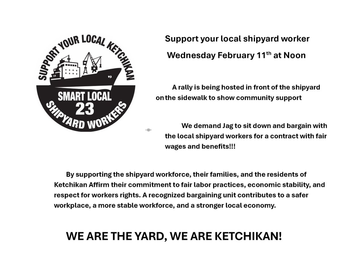 smartlocal23's tweet photo. Join @smartlocal23 on Wednesday, February 11th, at Noon for a community rally on the sidewalk in front of the shipyard to show your support for local shipyard workers and their families.

Show up. Stand together. Make your voice heard!

#SupportShipyardWorkers #SMARTLocal23 https://t.co/ZsAAUZzNVx