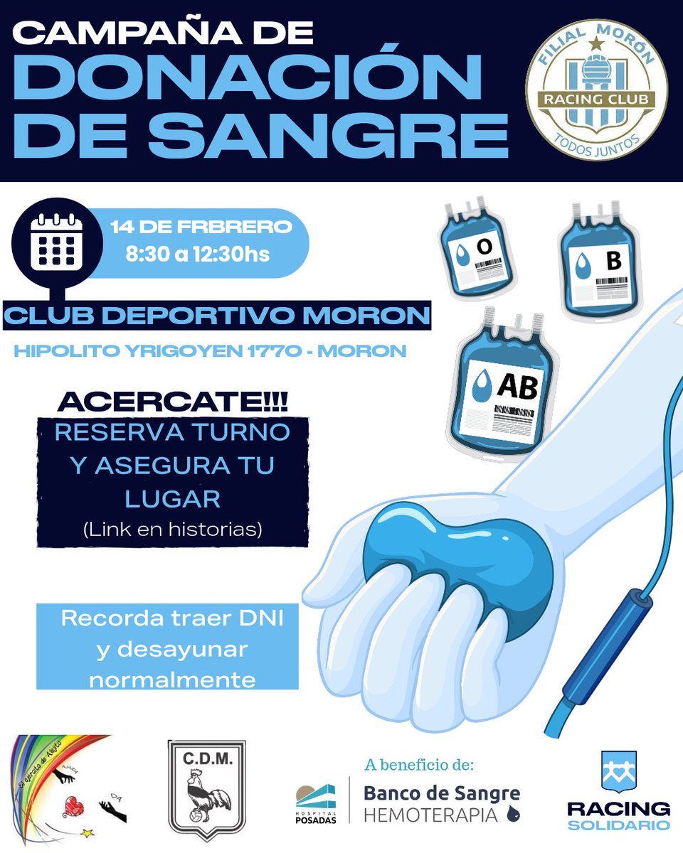 El sábado 14 de Febrero la Filial Moron organiza una Campaña de Donación de Sangre a total beneficio del Banco de Sangre del Hospital Posadas.

Te esperamos!!! 

docs.google.com/forms/d/e/1FAI…

* Recorda llevar DNI y desayunar normalmente 

#DonarSalvaVidas