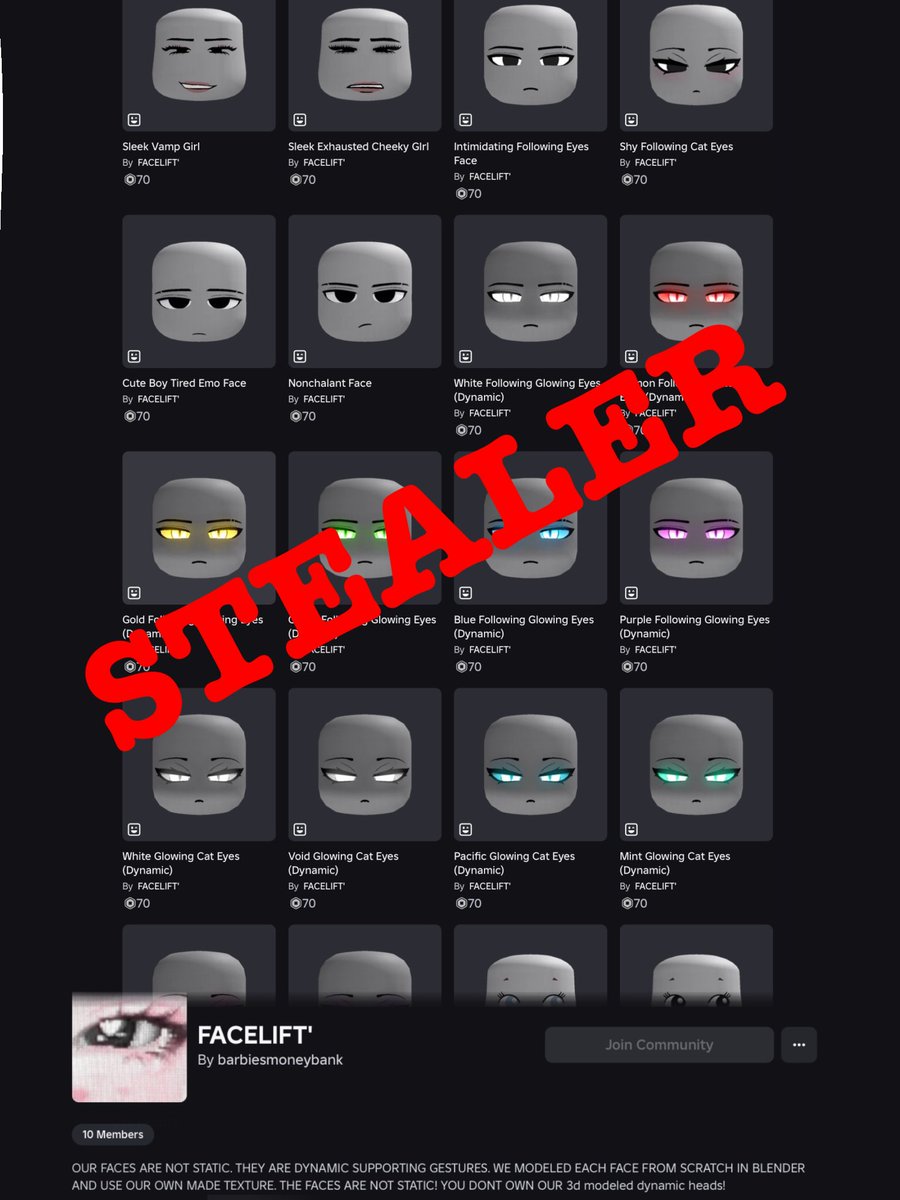 This group is stealing bestselling static faces and making them animated heads so when the original creators gets deleted they will make money. <a href="/Roblox/">Roblox</a> <a href="/robloxdevrel/">Roblox Developer Relations</a> please terminate and lock this group, they are taking advantage of an update that already harms creators.