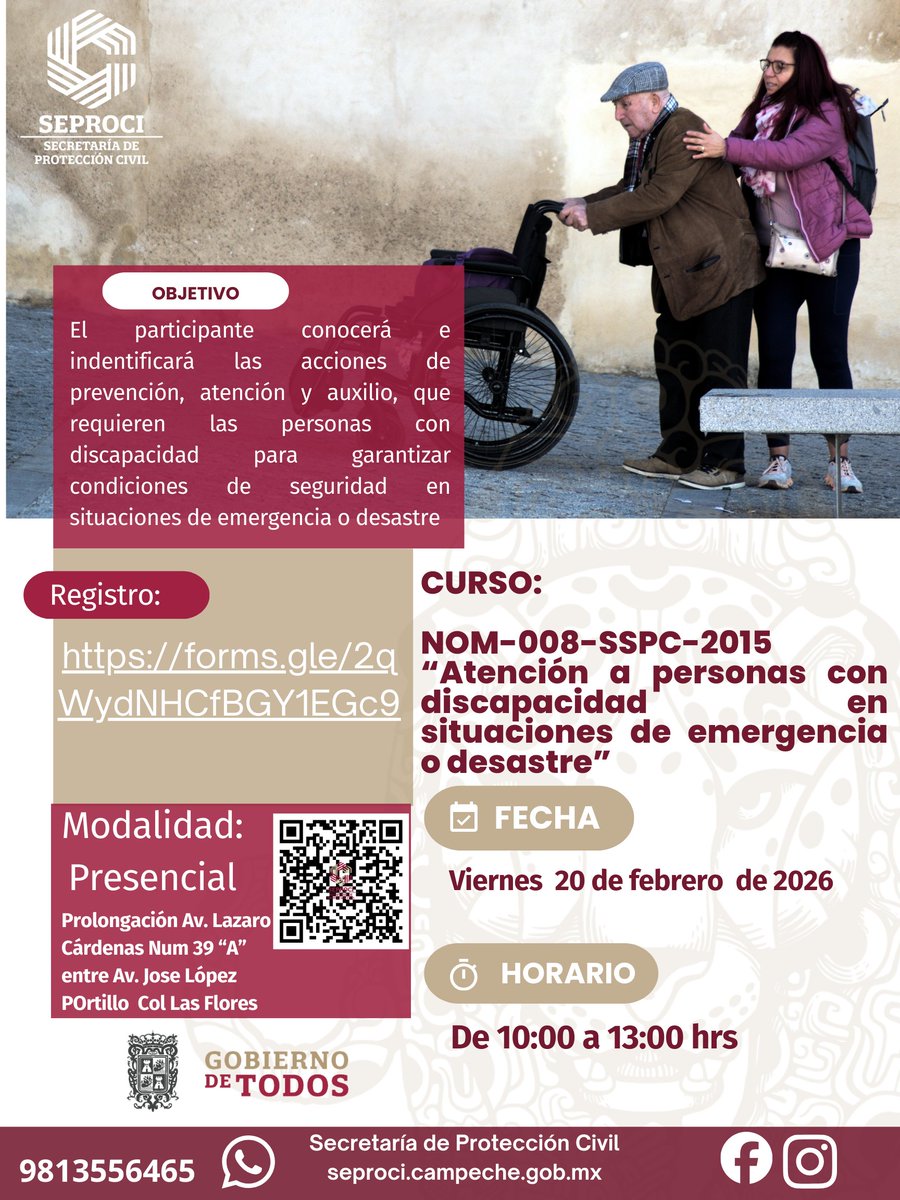 La SEPROCI invita al curso NOM-008-SSPC-2015 “Atención a personas con discapacidad en situaciones de emergencia o desastre”, dirigido a fortalecer las capacidades de atención, auxilio y prevención con enfoque humano e incluyente.
Registro: forms.gle/2qWydNHCfBGY1E…
<a href="/LaydaSansores/">Layda Sansores</a>