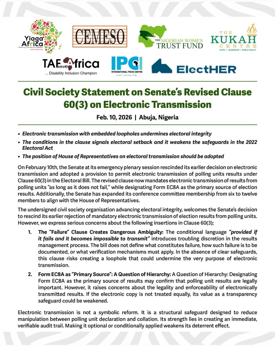 YIAGA's tweet photo. The Senate must do what is right by the people. 

We join our voices with other bodies to reject half‑measures. Nigerians deserve full transparency and the Senate's clause 60(3) is a clever loophole that drags us back. Our demand is simple, "Mandatory Electronic Transmission of Results to Safeguard Nigeria’s Electoral Integrity." No clauses, no provisos!

@TAF_Africa, @ElectHER_NG, @KukahCentre, @cemesoofficial, @IPCng and @womenfundng

#democracyinaction #electoralintegrity #transparentelections #nigeriadecides2027 #jointstatement