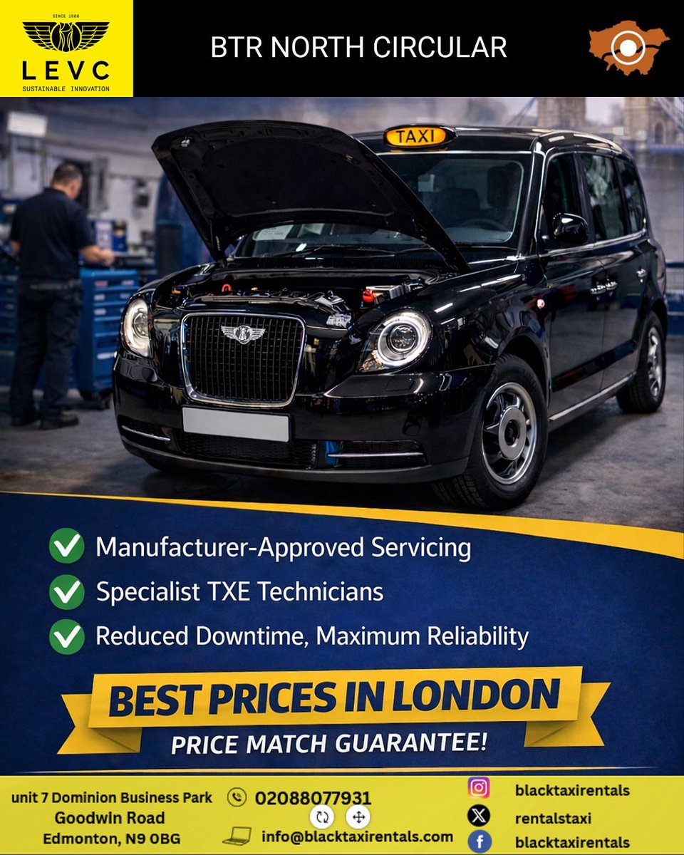 🚖 LEVC TXE Servicing – Best Prices in London 🚖
✔️ Price Match Guaranteed
✔️ Expert black cab technicians
✔️ Fast, reliable &amp; trusted service
Book your service today and keep your TXE running at its best.
📧 info@blacktaxirentals.com
📞 020 8807 7931
#LEVCTXE #BlackCabService
