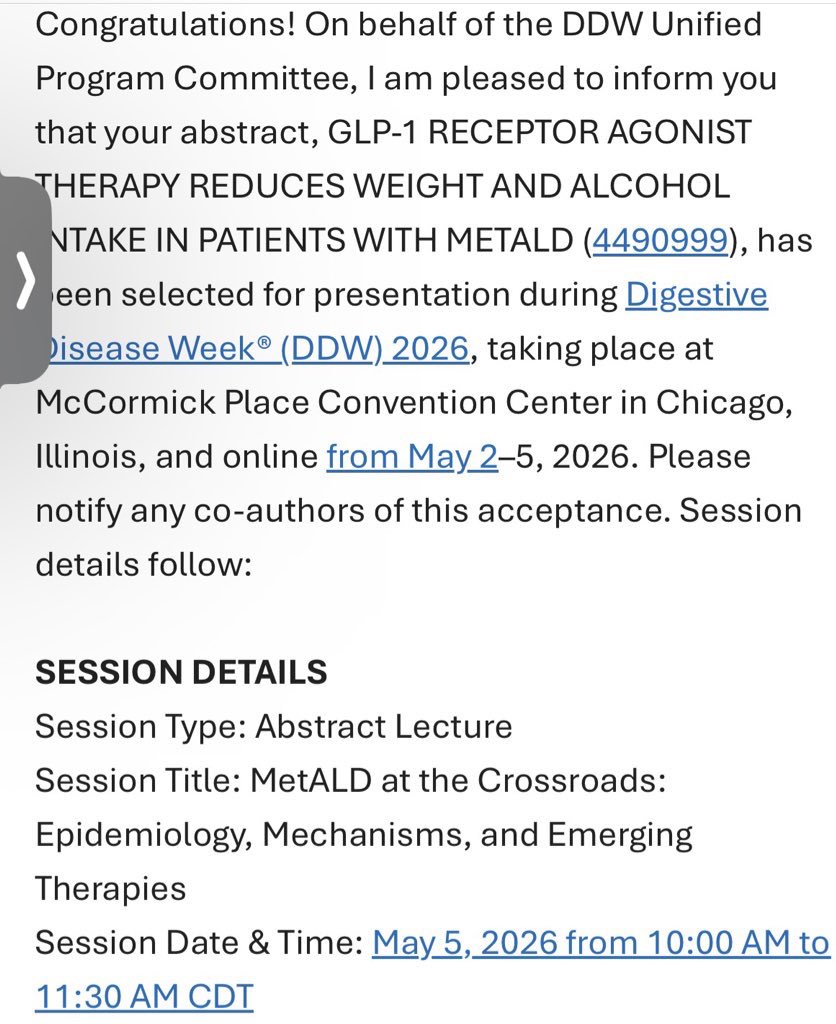 brittybb's tweet image. Thrilled to share that our work on GLP-1 receptor agonists and MetALD has been accepted as an oral abstract at #DDW2026 🧬 @DDWMeeting @AASLDtweets #livertwitter