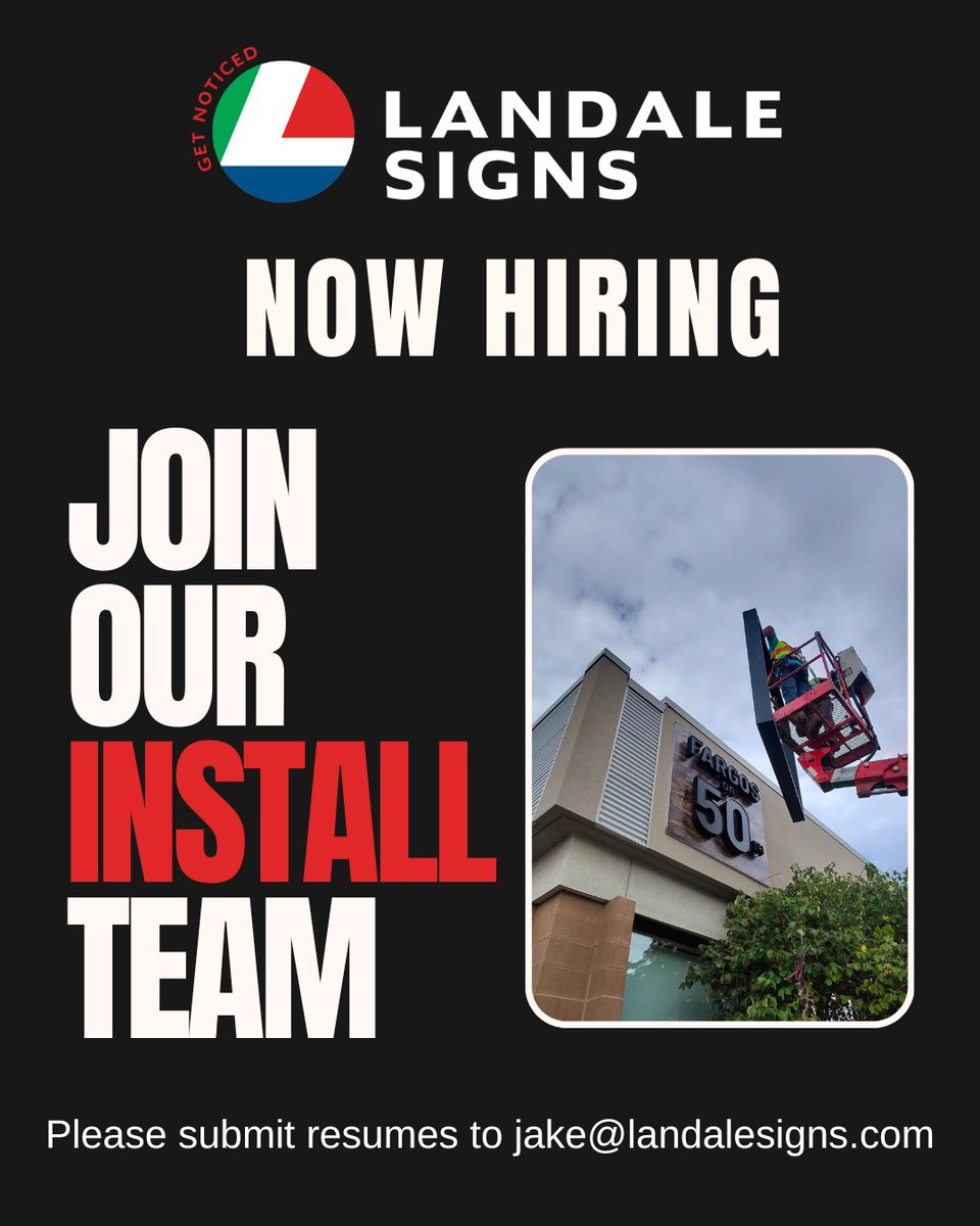 Not a desk job.

A lift. A skyline. A finished sign you can point at and say, “I installed that.”

We’re hiring Installers at Landale Signs.

Heights. Teamwork. Craftsmanship. Pride.
Send your resume to: jake@landalesigns.com

#NowHiring #SignIndustry #AlbertaJobs #TradesLife