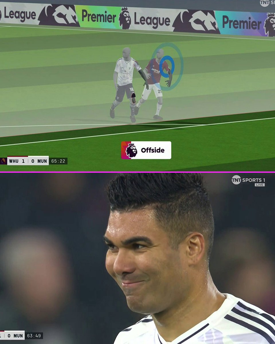 footballontnt's tweet image. Casemiro was this close to equalising for Man United against West Ham 🤯📏