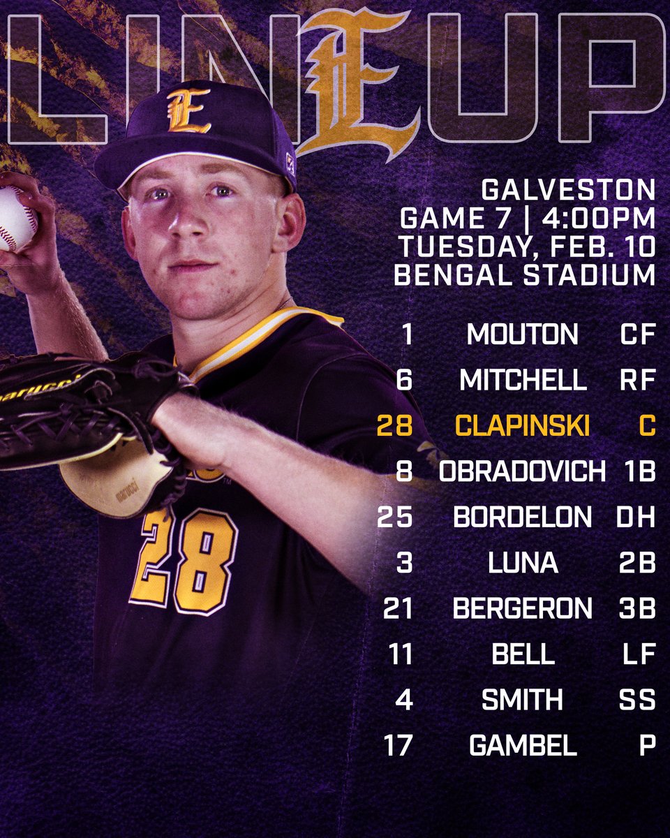It's GEAUX Time! LSU Eunice takes to the field for a midweek matchup against Galveston.  Here's our starting lineup for the 4:00PM start on the Cajun Prairie.  Watch the action on the LSUE Digital Network.

#DDCS
#GeauxBengals

lsuebengals.net/DigitalNetwork