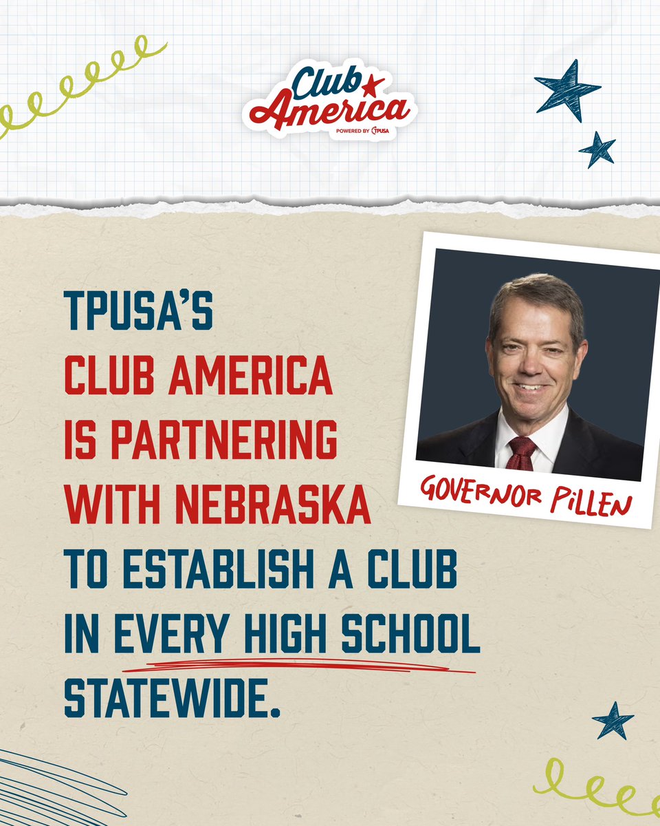 Huge win for students in Nebraska 🚨

TPUSA’s Club America is teaming up with Nebraska and Governor Pillen to launch a Club America chapter in every high school statewide 🇺🇸

<a href="/TPUSA/">Turning Point USA</a> <a href="/TeamPillen/">Governor Jim Pillen</a>