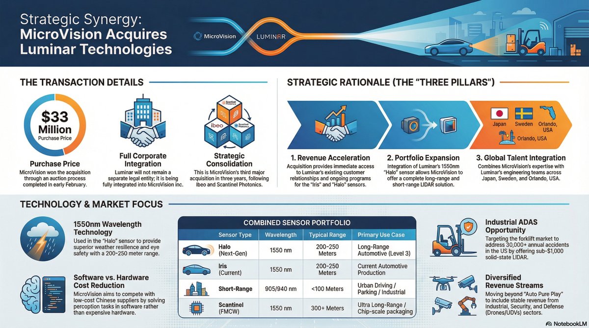 SMR_VISION's tweet photo. $MVIS Glen DeVos, CEO of @MicroVision , dives into the strategic thinking behind the acqusition of Luminar Technologies - with a clear focus on technology, expertise, organizational fit and customer relationships - strengthening the MicroVision’s capabilities and future offering.

Glen's Interview with House of Journalists !!! 
#scottfosgard 
https://t.co/vWPJr1o7Ph

This video features a Q&A session with Glenn, the leadership of MicroVision, discussing the company's acquisition of Luminar Technologies. The discussion covers the strategic rationale for the deal, the integration of technology and talent, and the broader outlook for the #LiDAR industry.

The Acquisition and Its Rationale : 
MicroVision won an auction to acquire the automotive and LiDAR-facing business of Luminar Technologies for $33 million following Luminar's bankruptcy proceedings. The acquisition is being integrated directly into MicroVision Inc. rather than maintained as a separate entity. Glenn outlines three primary reasons for the deal:
Acceleration of Revenue: The acquisition "pulls forward" MicroVision's commercial path by providing immediate access to @luminartech 's existing customer base and production programs.
Portfolio Expansion: It fills a technological gap by adding a 1550nm time-of-flight (ToF) long-range sensor (the "Halo") to MicroVision's existing short-range and FMCW offerings.
Global Talent: MicroVision gains a base of experienced engineers and staff across locations in the US, Sweden, and Japan.

Technology and Product Strategy
The combined company aims to offer a full portfolio of LiDAR solutions.
Iris and Halo: MicroVision will support current production obligations for the Iris sensor while focusing on the development of the next-generation Halo sensor. The goal is to drive long-range sensor costs below $500, and eventually toward $100-$200, to encourage mass adoption by OEMs.
Lidar Benefits: Glenn emphasizes that LiDAR is superior for "free space detection" compared to camera-only systems, which can suffer from "phantom braking" when they misinterpret shadows or obstacles.
Industrial ADAS: Beyond automotive, there is a significant push into Industrial ADAS, particularly for forklifts. By lowering sensor costs, MicroVision aims to tap into a market where 30,000 annual forklift accidents in the US create over $100,000 in costs per incident.

Market Challenges and Consolidation
The acquisition is part of a broader trend of industry consolidation, which Glenn believes is necessary for the LiDAR market to mature.
LiDAR Adoption: High burn rates and slower-than-expected OEM adoption (as seen with Mercedes-Benz and Volvo) contributed to Luminar's financial struggles.
Competition with China: MicroVision plans to compete with low-cost Chinese suppliers like @HesaiTech  and @RoboSenseLiDAR  by leveraging its US and German-based status for security/defense markets and by using advanced software to reduce hardware costs.
Customer Relationships: A top priority is reestablishing trust with Luminar's previous customers, such as Volvo, to stabilize relationships that were strained during the bankruptcy process.

Financial and Organizational Integration
Integration activities are starting immediately, focusing on aligning product roadmaps and combining engineering, supply chain, and sales capabilities. While the company faces pressure regarding its stock price and potential delisting, Glen expresses confidence that articulating the value of the acquisition to investors will address these valuation issues over time. Ultimately, the acquisition is intended to shorten MicroVision's time to break even. Let's go!!

DYOR. Not Financial advice !!