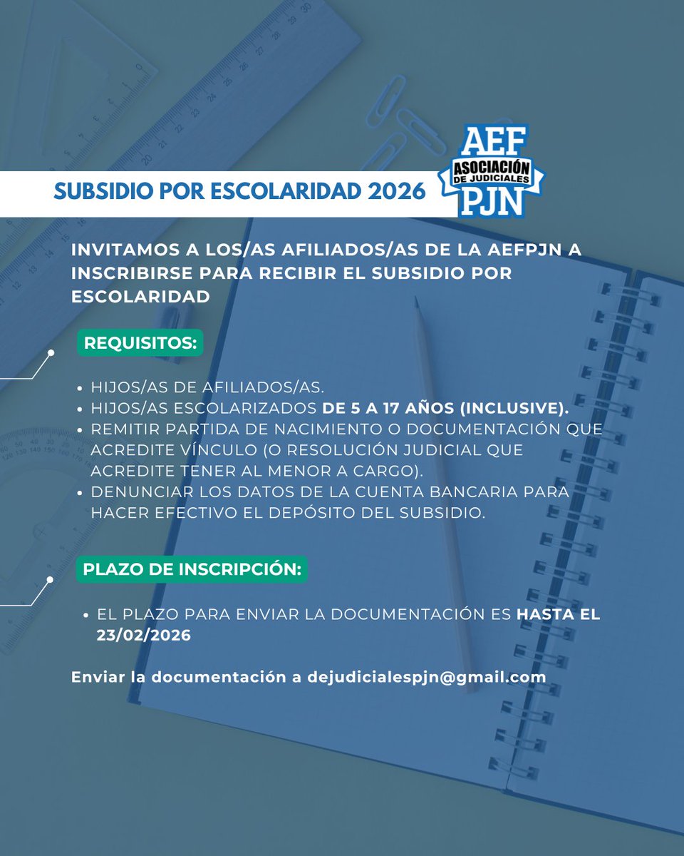 de_judiciales's tweet photo. Info importante sobre el subsidio por escolaridad 📚💰

Enviar la documentación a 📩 dejudicialespjn@gmail.com

Asociación de Judiciales
Tu gremio https://t.co/PJdMcfXJUJ