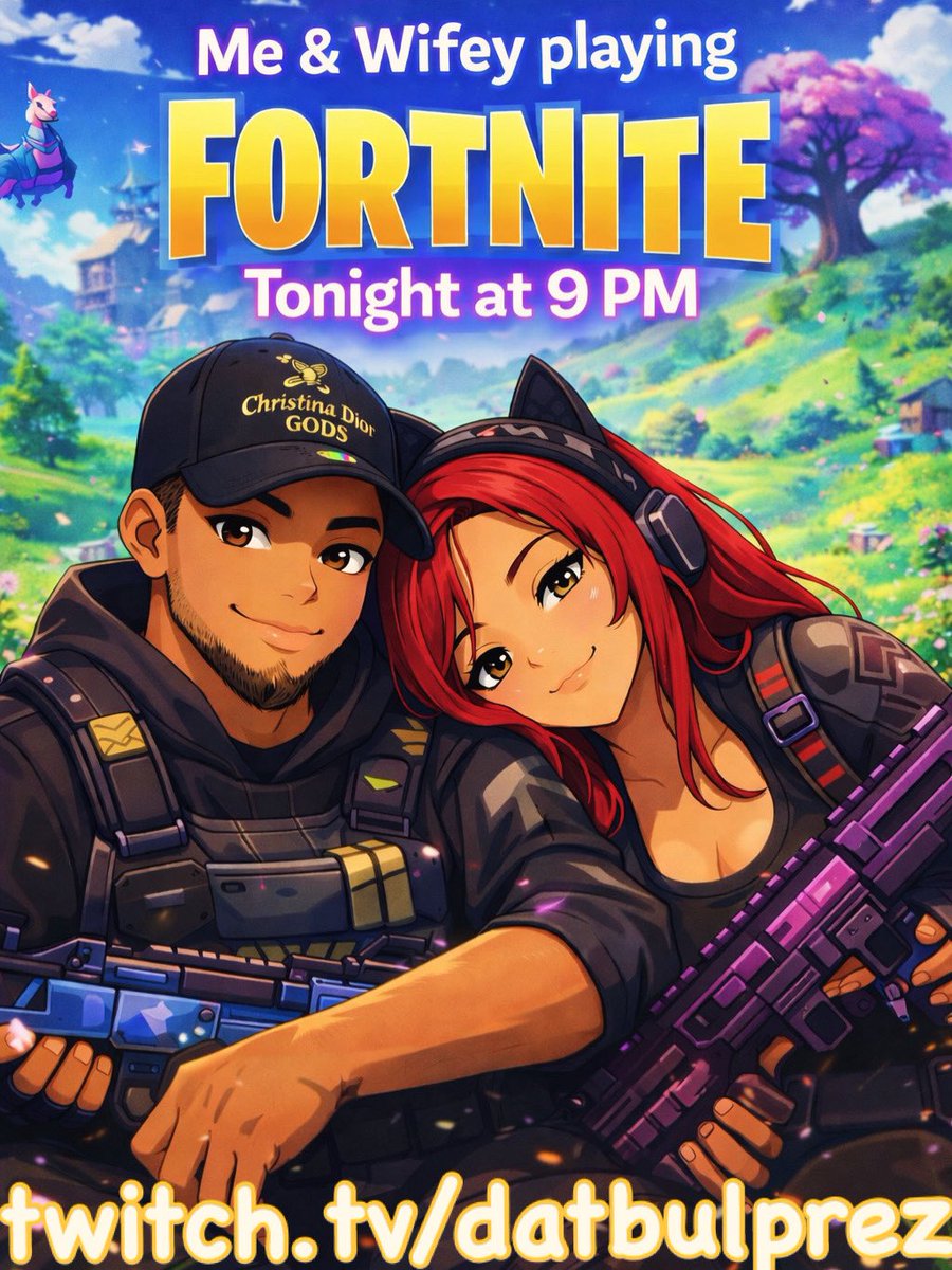 DatBulPreZ's tweet photo. Me &amp; Wifey going head-to-head with the Fortnite lobbies tonight 👀🔥  
Couple vibes, chaos, laughs… and somebody getting carried 😂🎮  
⏰ LIVE at 9PM  
📍 Twitch: DatBulPrez
Pull up, spam the chat, and tell us who winning 💜  
#Fortnite #FortniteLive #FortniteCoupe #fypシviral https://t.co/W218U8hkqF
