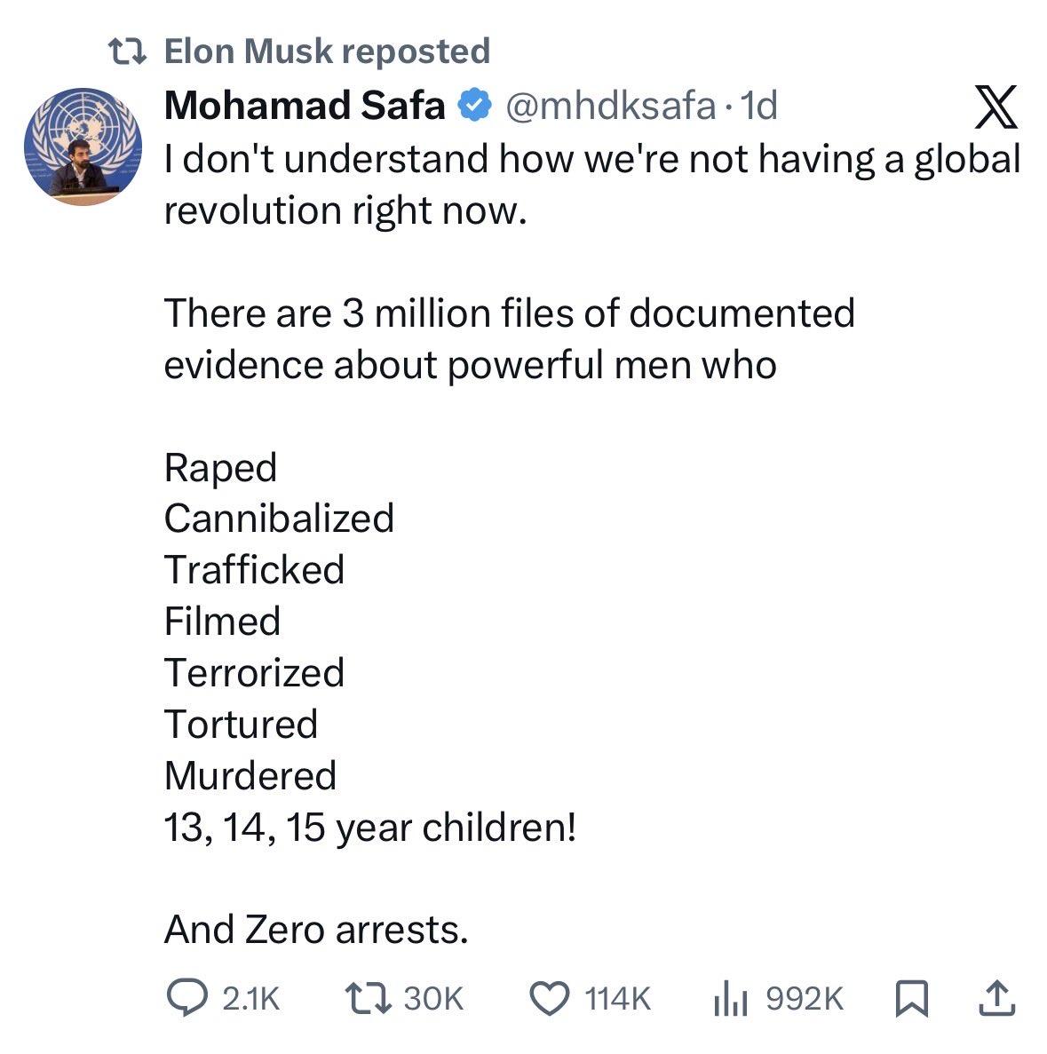 mhdksafa's tweet image. Elon Musk joined my call for a global revolution over the Epstein files

Elon, you’ve got it wrong. It’s a revolution against every person in the Epstein files. Media manipulation won't help you this time.

You’ll be included in my upcoming report to the Human Rights Council on…