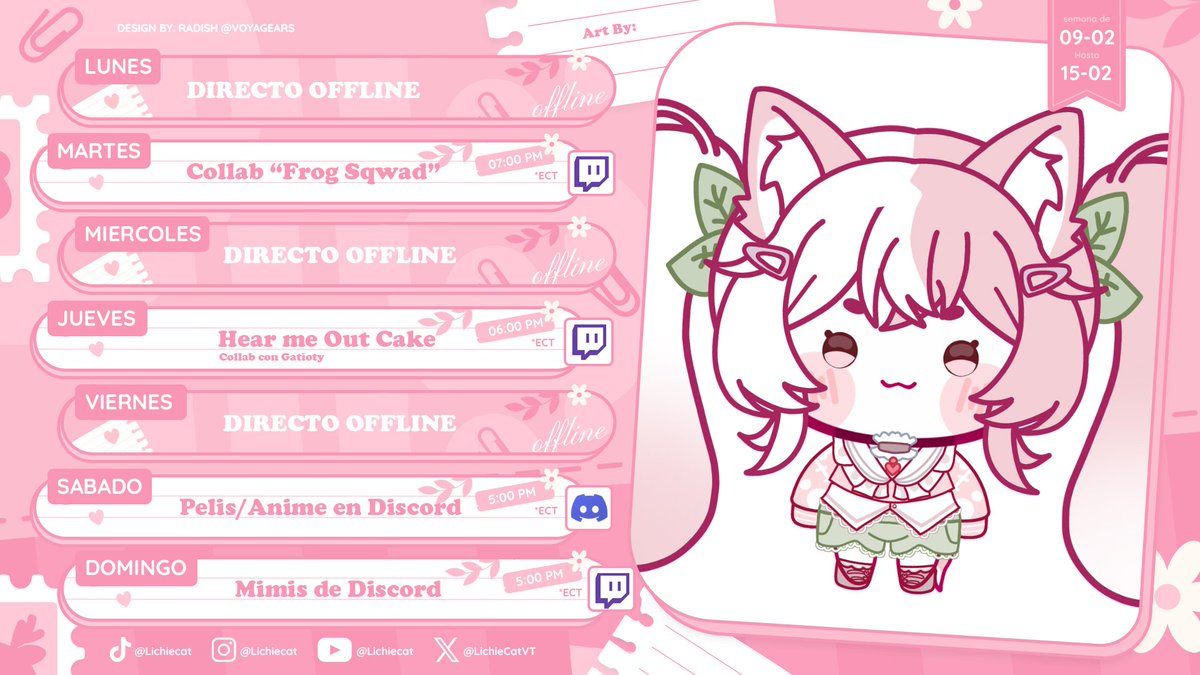 Buenas buenas mis gatit@s 💕
Esta semana tenemos mimis yay !!! Hay muchas collabs interesantes con amigas Vtubers, el sabado nos vemos para ver películas en discord y celebremos el 14 juntos, nos vemos hoy en la tarde 🥰