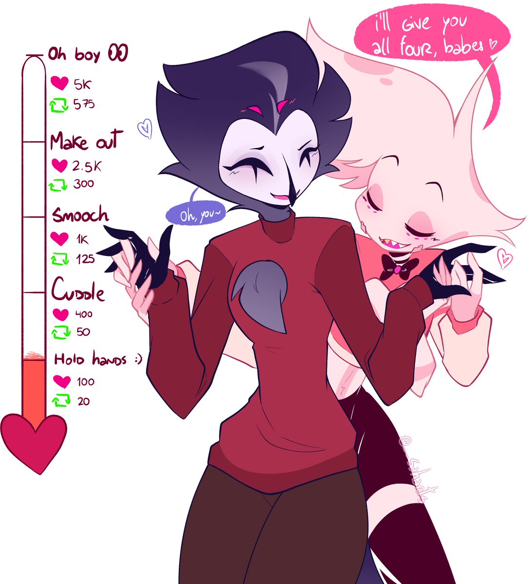 you guys are fast as fuck wtf 😭😭 okay gimme time to catch up

n1 - holding hands !! ♡

#HazbinHotel #HelluvaBoss #stoldust