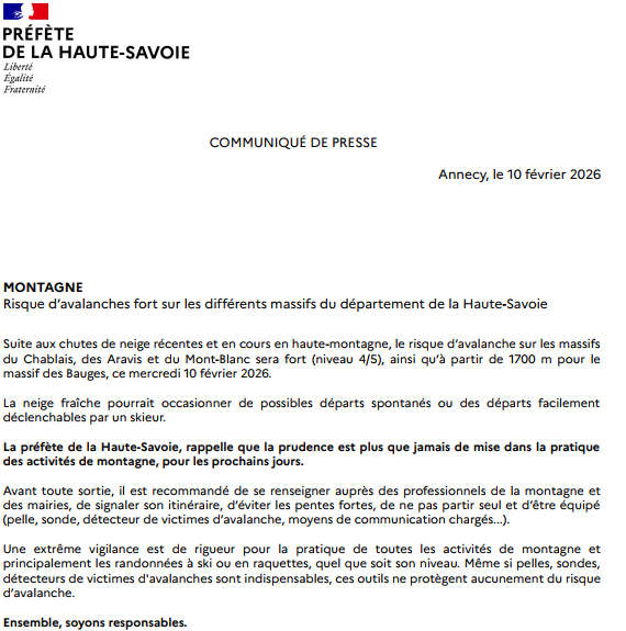 Image de Préfète de la Haute-Savoie - #Avalanche | Pour la journée de demain, mercredi 11 février, le risque d'avalanche sera fort sur l'