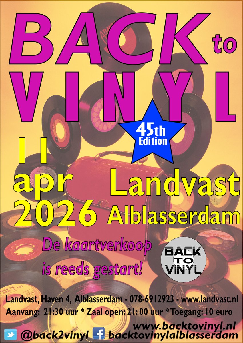 Back2Vinyl's tweet photo. Op 11 april organiseren we voor de 45ste keer (op 45 toeren) Back to Vinyl in @landvast Kaartjes zijn al te koop aan de balie bij Landvast of via deze link: https://t.co/cd0ZW7MYTT

Delen wordt op prijs gesteld 😎 https://t.co/iXsCxr7hls