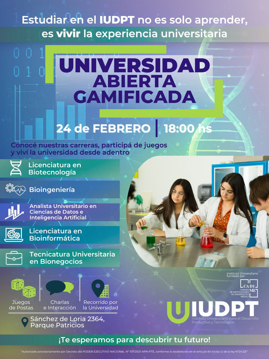 🎓 Universidad Abierta Gamificada

 ¿Te interesa la ciencia, la tecnología y la innovación? 
Te invitamos a participar de una jornada diferente, donde vas a conocer nuestras carreras, jugar, interactuar y recorrer la universidad desde adentro.
informes@iudpt.edu.ar