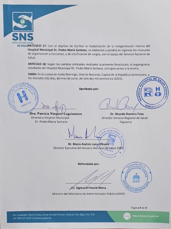 🏥 ¡Nuevo orden para una mejor atención!

En el Hospital Dr. Pedro Maria Santana, no solo renovamos nuestras paredes, también renovamos nuestra forma de trabajar. Estrenamos una Estructura Organizacional pensada en ti