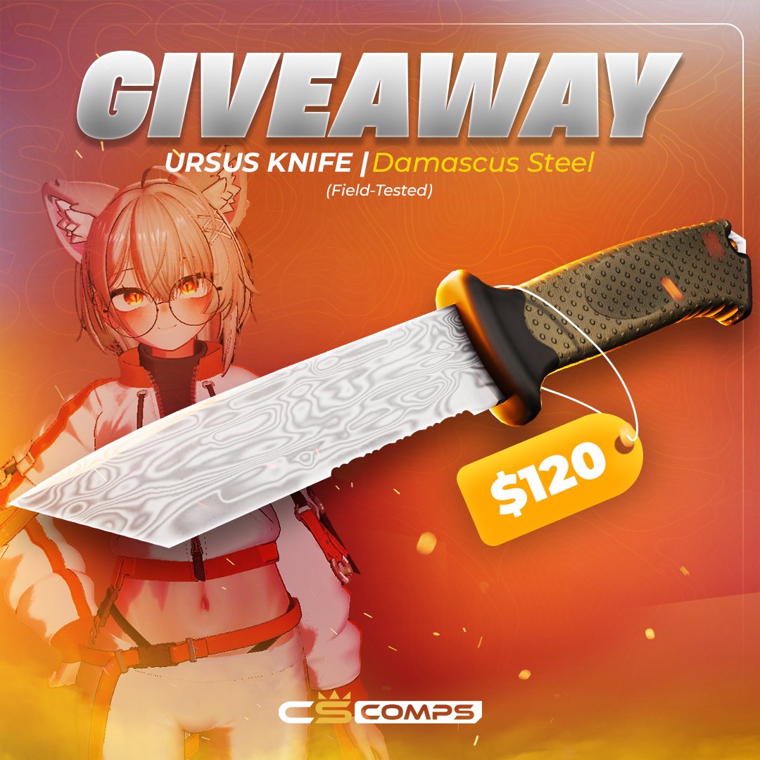 R20_cs's tweet photo. CSCOMPS $120 Deposit Contest🧡

$120 CS2 Knife Damascus Steel to a Random🎟️
$10 Skin to a random Repost and Tag a friend 🎁

Deposit $5 per Ticket (no limit Link in comments)

Ends in 10 days, good luck ⏰ https://t.co/H7XQWFkmUy