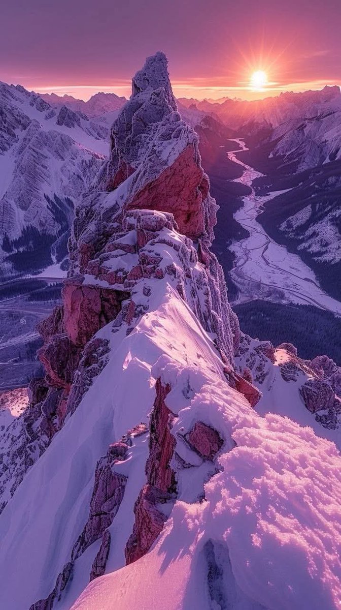 Snow-covered mountain peak at sunrise
