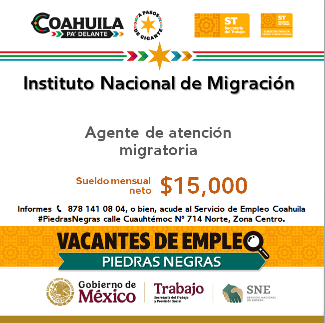 📢Vacante de empleo en #RegiónNorte  
#PiedrasNegras  

📌 Servicio de Empleo #PiedrasNegras
 📍 Dirección: Cuauhtémoc N° 714 Norte, Zona Centro
📞 Informes: 878 141 08 04

Contáctanos hoy mismo.  

#CoahuilaPaDelante #APasosDeGigante #SNEparaTodos