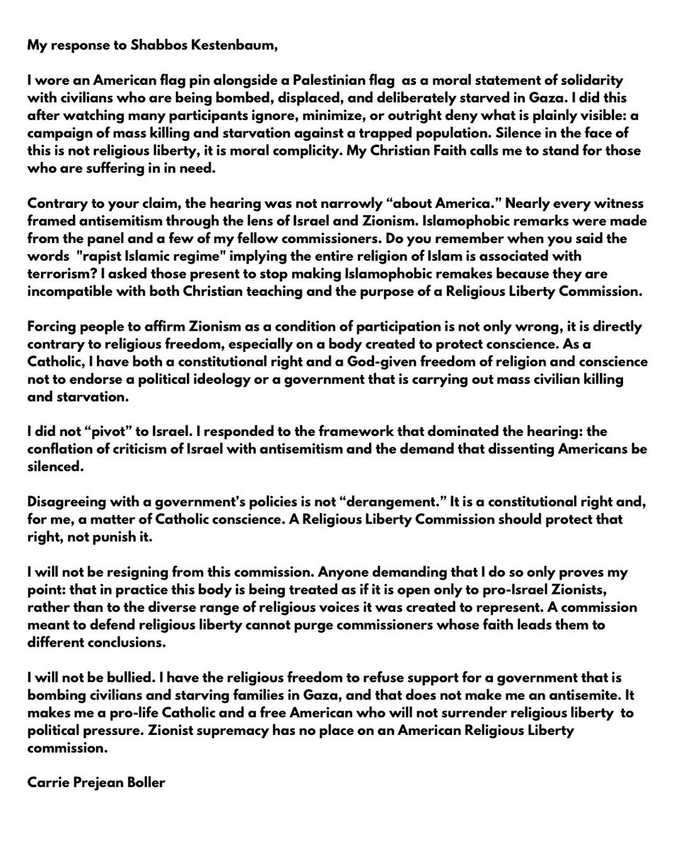 Forcing people to affirm Zionism on a “Religious Liberty” Commission is the opposite of religious freedom.

I will not resign, and I will not be bullied for following my Catholic conscience. My response to <a href="/ShabbosK/">Shabbos Kestenbaum</a>