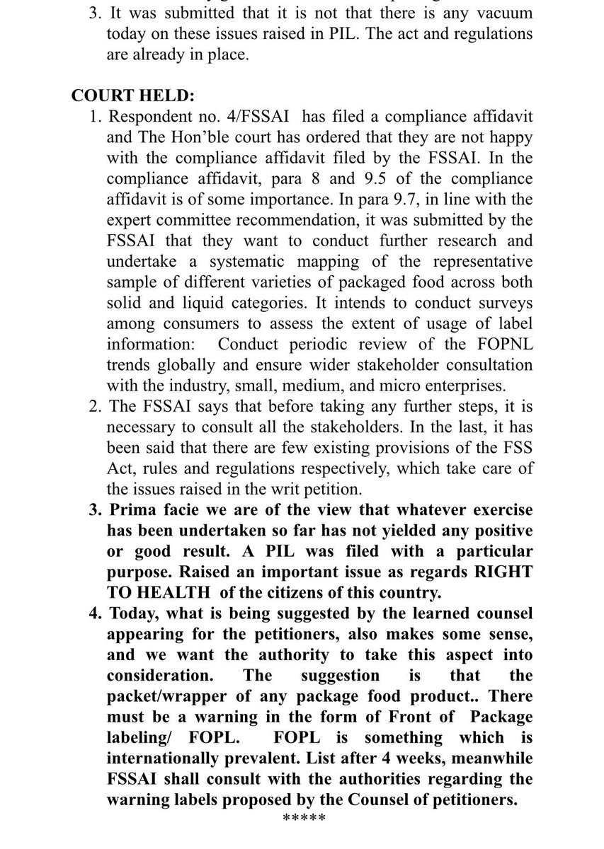 snehamordani's tweet photo. Supreme Court’s nudge to FSSAI today

Court has asked FSSAI to consider front-of-pack warning labels for sugar, saturated fat and sodium in packaged foods, citing public health concerns, asking the regulator to respond within 4 weeks @Moveribfan https://t.co/dnQkr1GuQg