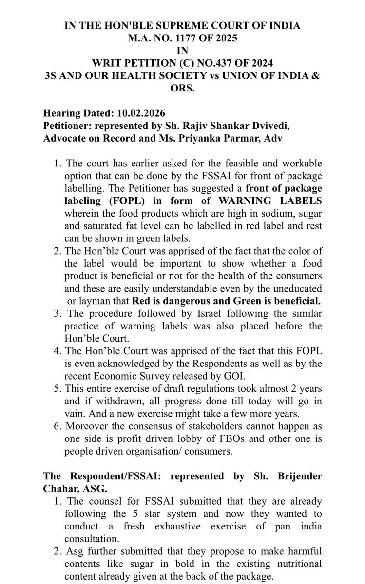 snehamordani's tweet photo. Supreme Court’s nudge to FSSAI today

Court has asked FSSAI to consider front-of-pack warning labels for sugar, saturated fat and sodium in packaged foods, citing public health concerns, asking the regulator to respond within 4 weeks @Moveribfan https://t.co/dnQkr1GuQg