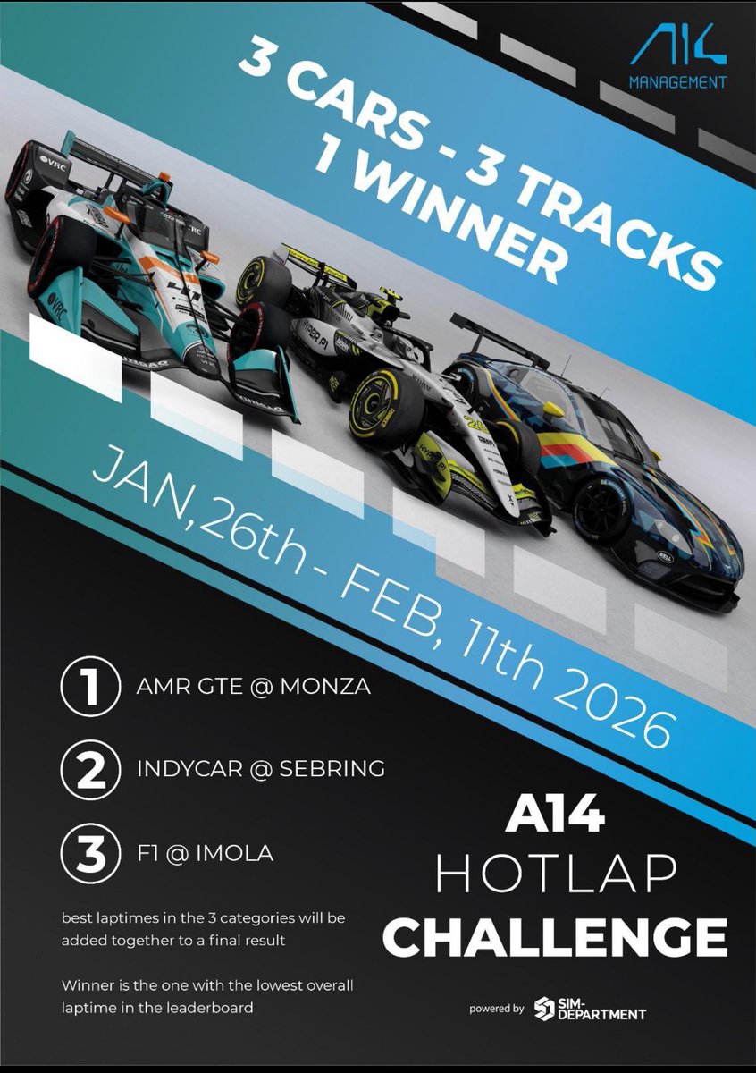 A14Management's tweet photo. Thanks Sim Department for making possible this fabulous sim-racing competition between our drivers.
The final 24 hours before we find out who the winners are have begun‼️
#a14management #simracing #simdepartment https://t.co/TwRgSqjreC