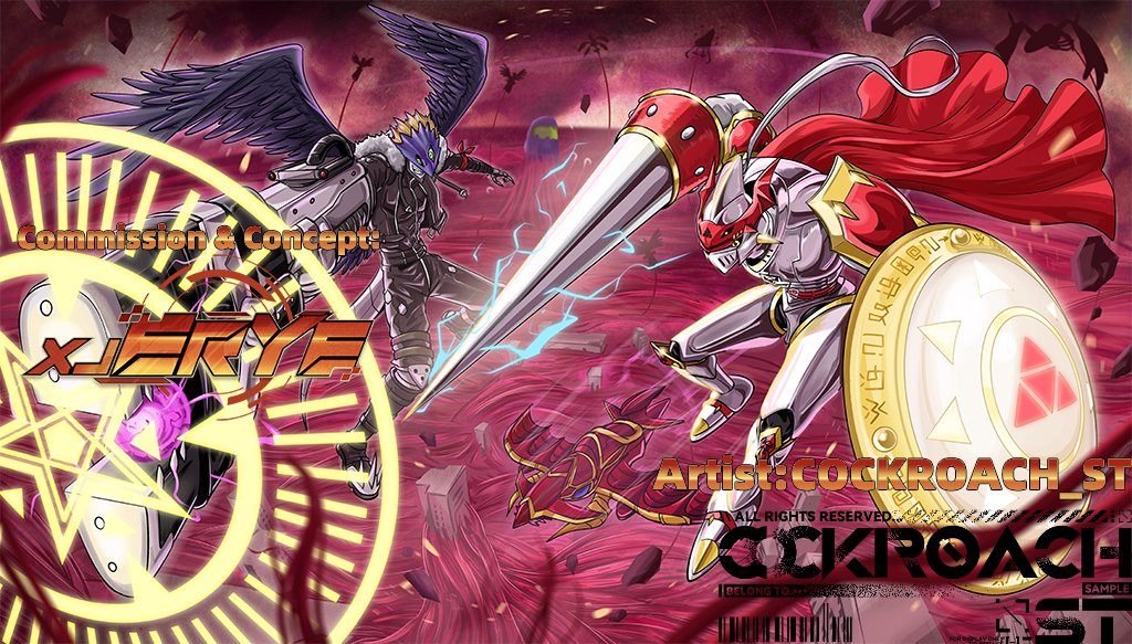 aventzero's tweet photo. This commissioned Fan Art draws inspiration from the scene where Beelzebumon's Blast Mode, Dukemon & Grani join forces to confront the D-Reaper. It is one of my favorite illustration.

Commission & Concept: XJ_ErYe  
Artist: @ccccockroachst 

#Digimon #Digimontamers #dukemon #beelzebumon #fanart