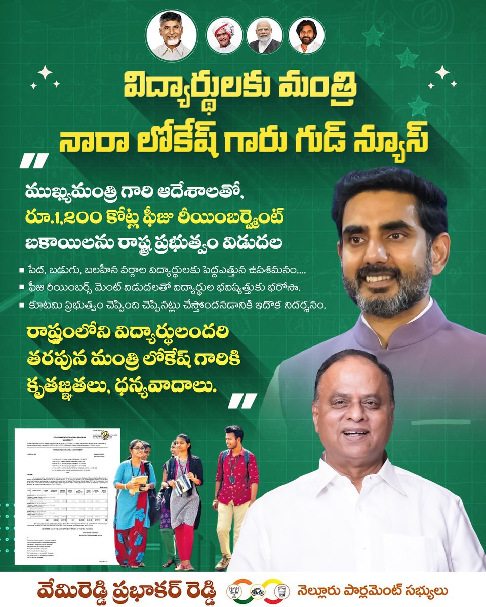 vpr_official_'s tweet image. విద్యార్థులకు మంత్రి నారా లోకేష్ గారి గుడ్ న్యూస్. ముఖ్యమంత్రి గారి ఆదేశాలతో, రూ.1,200 కోట్ల ఫీజు రీయింబర్స్మెంట్ బకాయిలను రాష్ట్ర ప్రభుత్వం విడుదల.

#APEducation #StudentsFirst #FeeReimbursement  
#IdhiManchiPrabhutvam 
#ChandrababuNaidu 
#NaraLokesh 
#AndhraPradesh