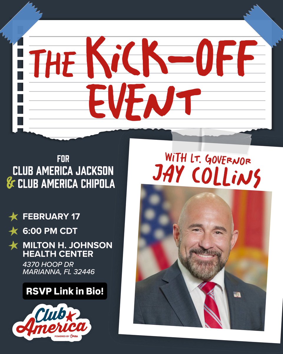 CAJAXCALCOUNTY's tweet photo. WE ARE LESS THEN A WEEK AWAY FROM THE KICK OFF EVENT!!! FLORIDA PANHANDLE YOU WONT WANT TO MISS THIS EVENT!!! RSVP USING THE LINK IN OUR BIO! *Club America and TPUSA do not endorse any candidates.
This is not a campaign event* #clubamerica #panhandleofflorida @JayCollinsFL https://t.co/C6WpQB0MX0
