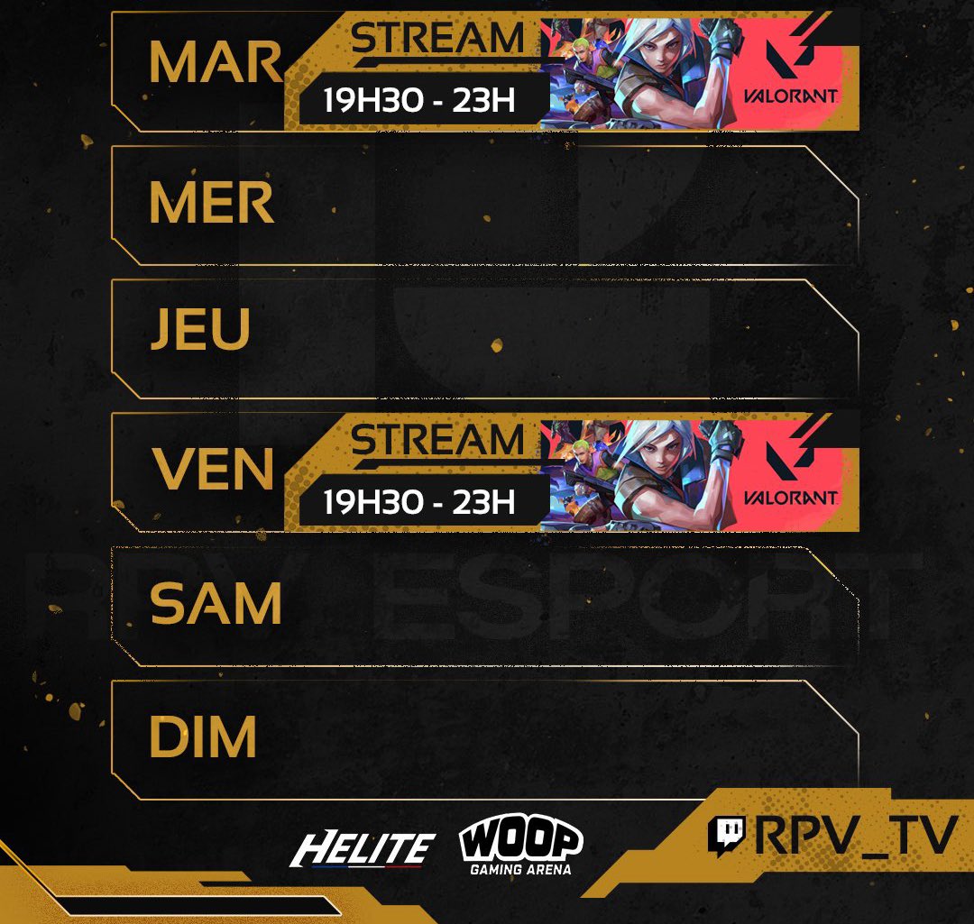 EsportRPV's tweet image. C’est Mardi et c’est bientôt le week-end!🥳
Oublies pas notre live Twitch à 19h30🔥
🎮 VALO
Lien dans la bio🔗
Big up à nos partenaires @HeliteEnergy et @woopgamingarena 😎
#twitch #VALORANT